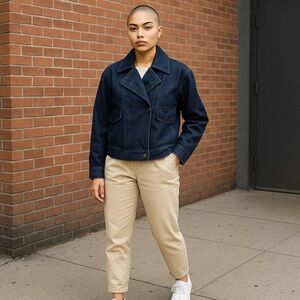 Banana Republic Denim Moto Cropped Jacket in Dark Blue Size Medium